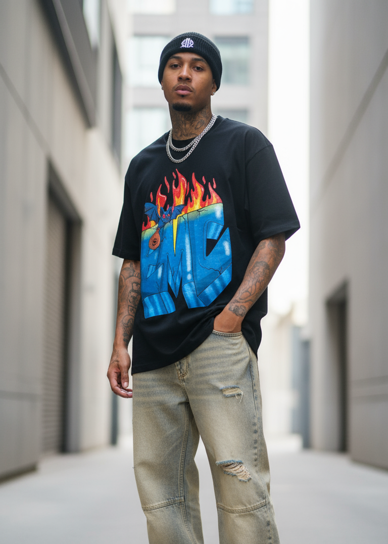 Person wearing EMC flame design t-shirt - front view