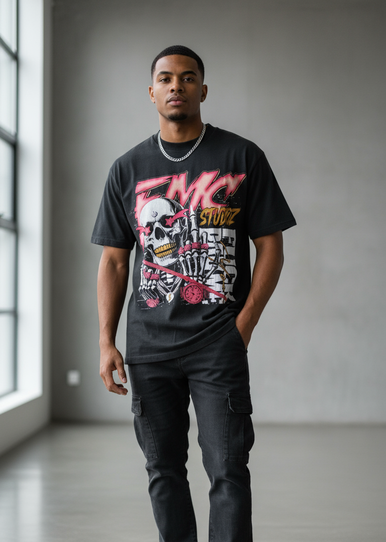 Person wearing EMC STUDIOZ graphic t-shirt