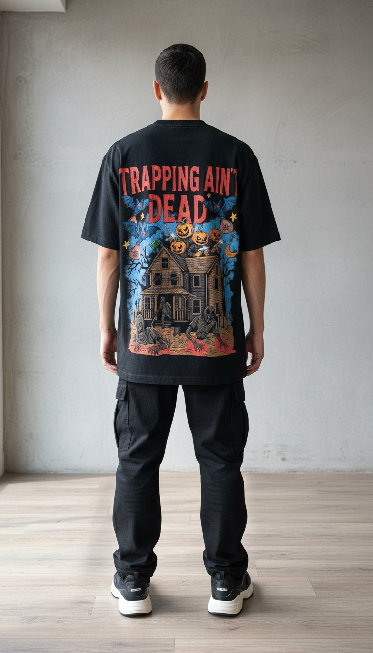 Person wearing Trapping Ain't Dead t-shirt - back view
